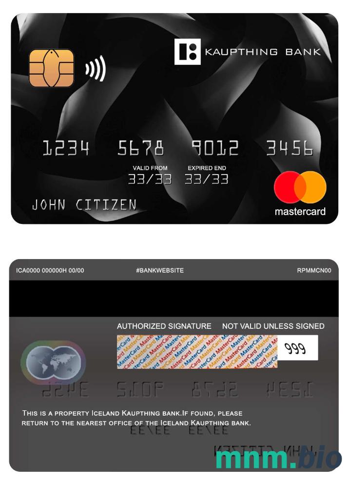Iceland Kaupthing bank przykład karty mastercard w formacie PSD